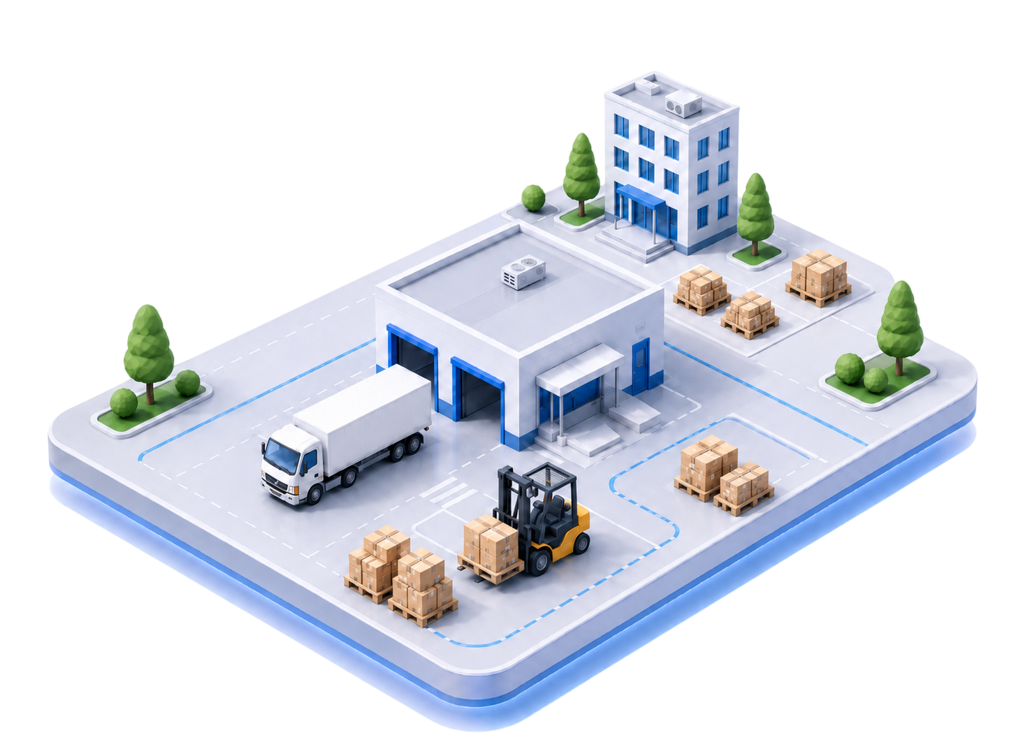 Изометрическая логистическая база LogistForge с грузовиком, складом и погрузчиком